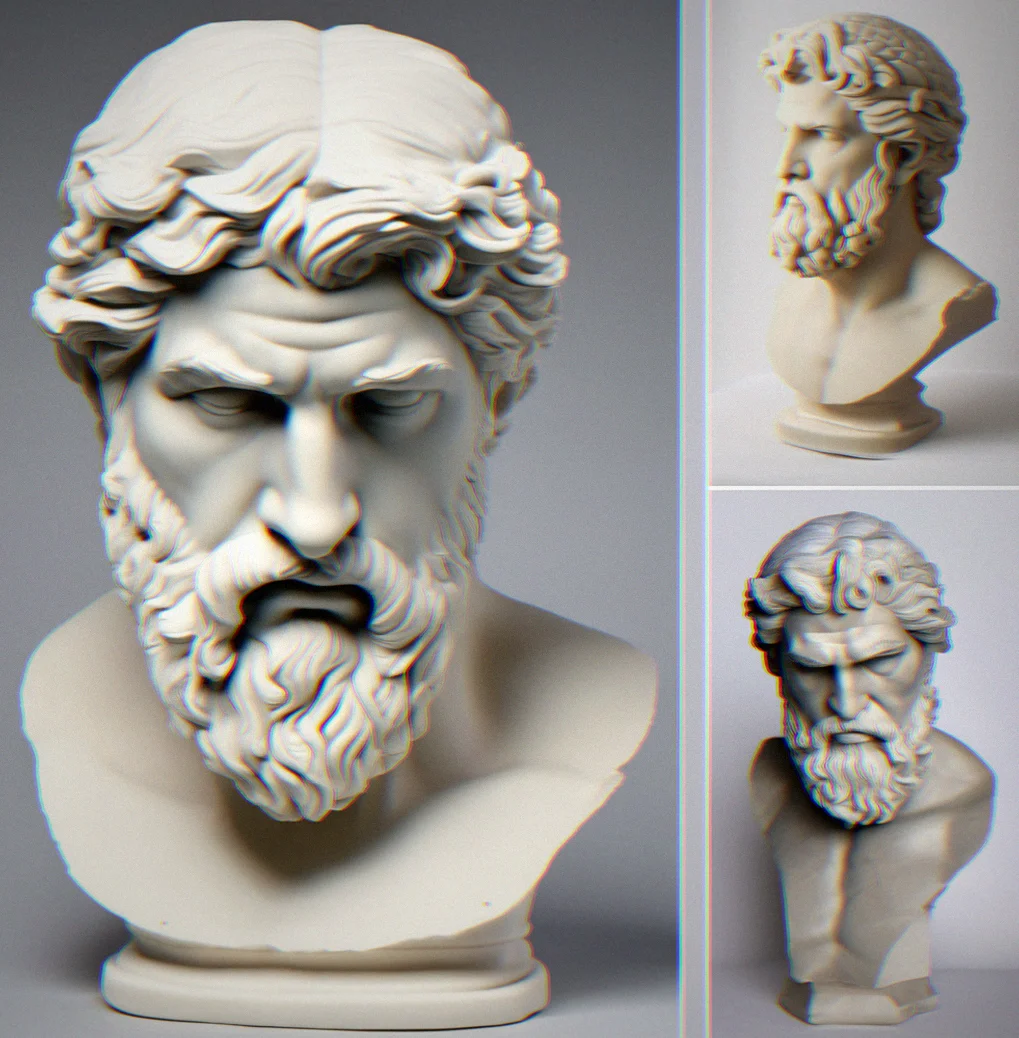 Silicone mold cracked open to show a fresh plaster cast of Poseidon still wearing those obvious mold seams before any hand work