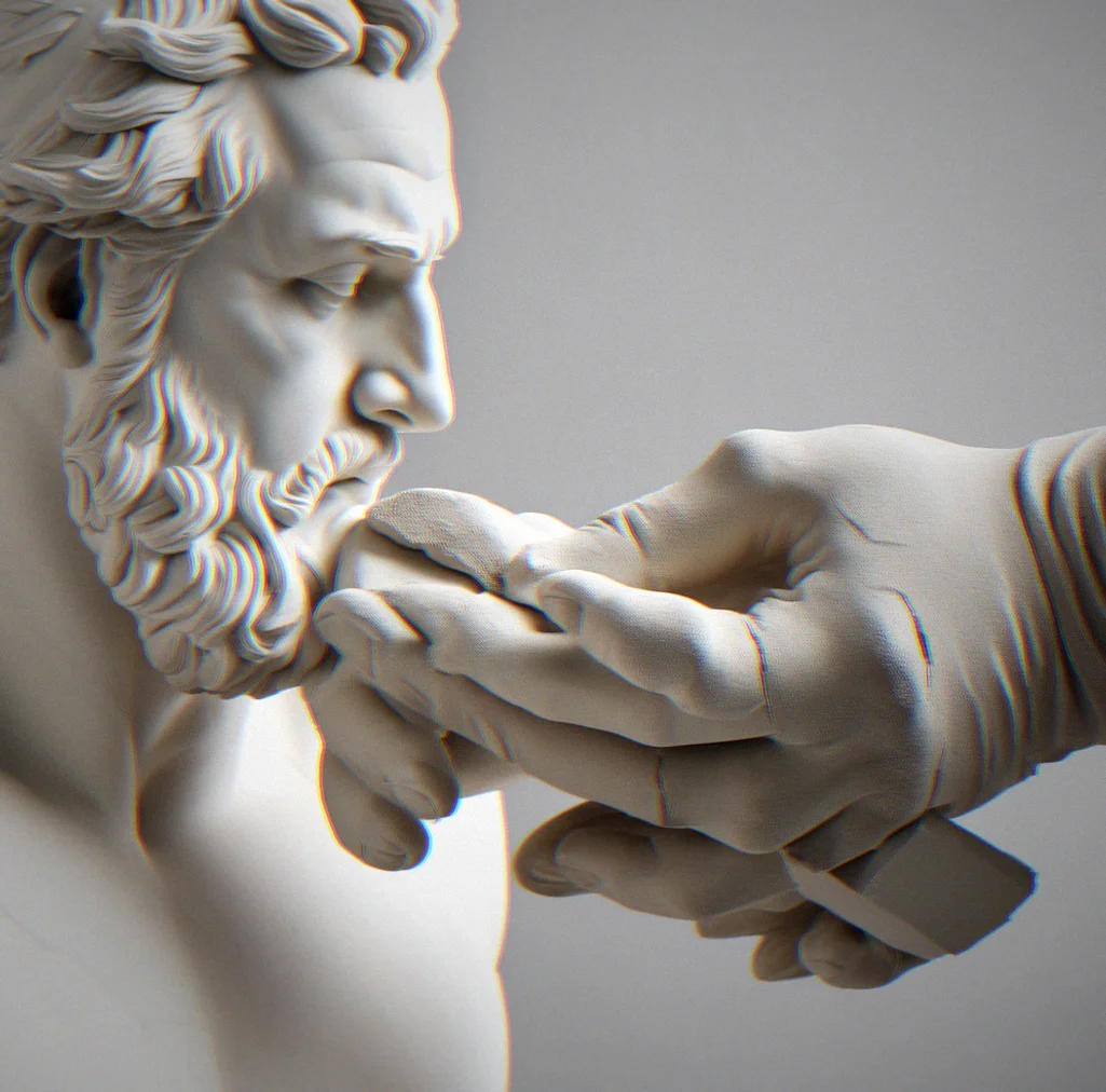 A sculptor's hands working the seam line on a newly cast Zeus torso with fine-grit sandpaper
