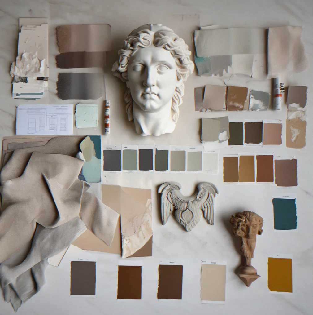 Designer's desk scattered with patina color samples, fabric swatches, and paint chips all pinned to a mood board
