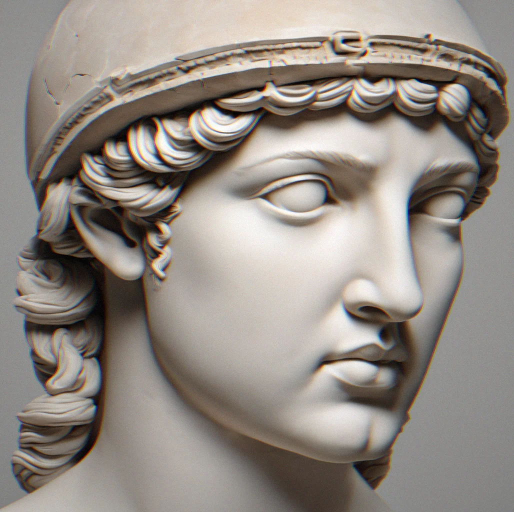 Detailed view of an Athena face showing the precision work in the eye sockets, cheekbones, and subtle texture variations