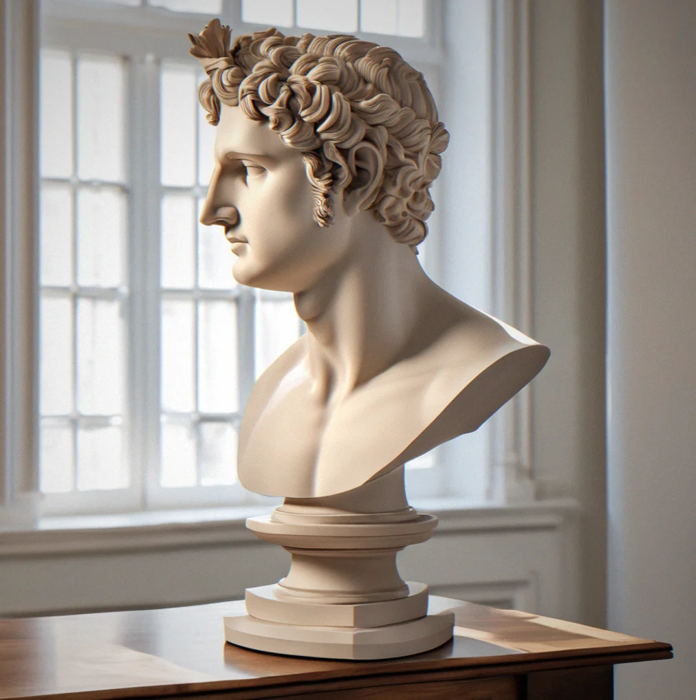 Apollo statue with a cream patina on a walnut pedestal in a residential library, sunlight coming through the window