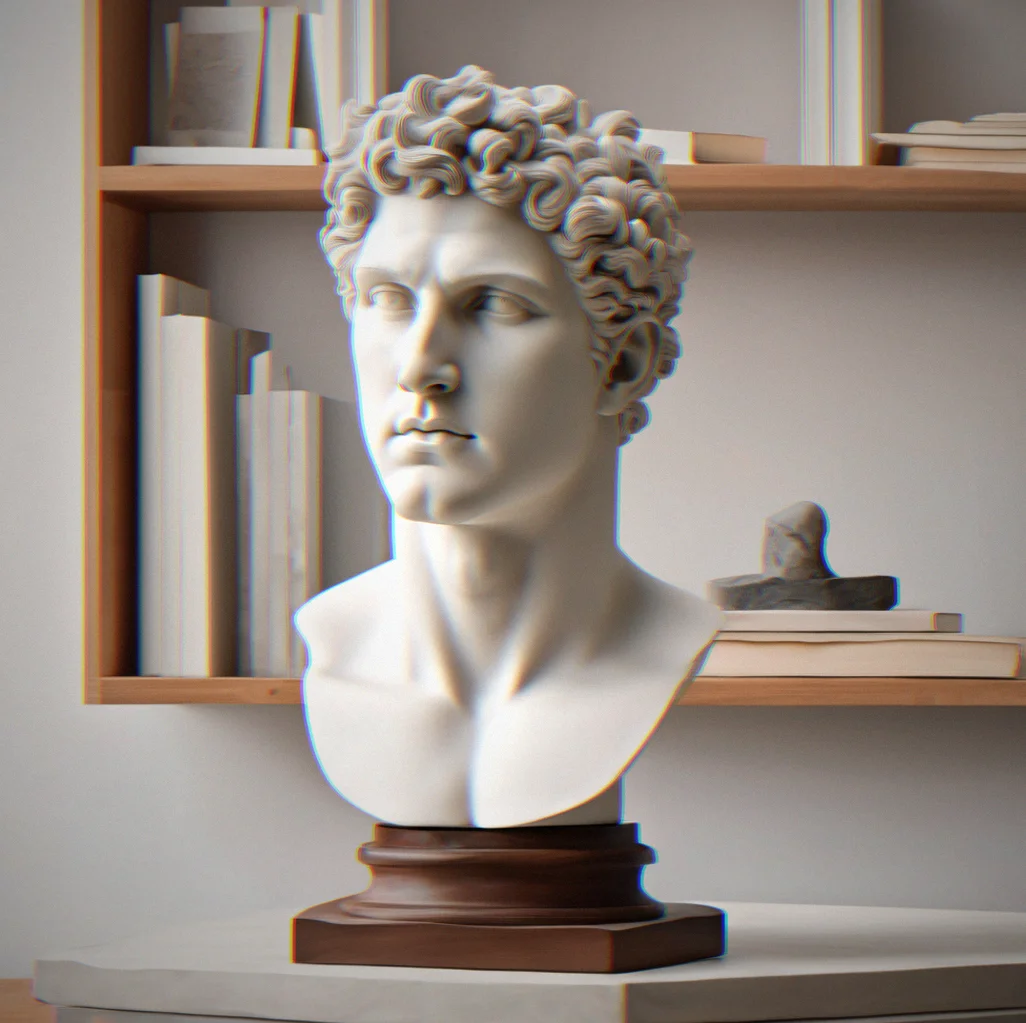 Apollo sculpture at 28 inches with a terracotta-toned patina, mounted on a walnut pedestal in a contemporary study with minimal shelving