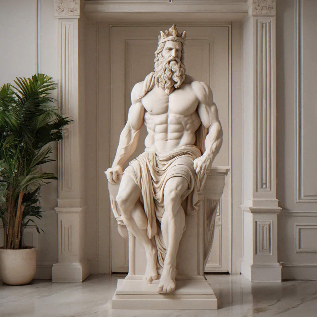 A 36-inch Zeus sculpture in cream patina sitting on a marble pedestal in a traditional entryway with wooden doors and crown molding