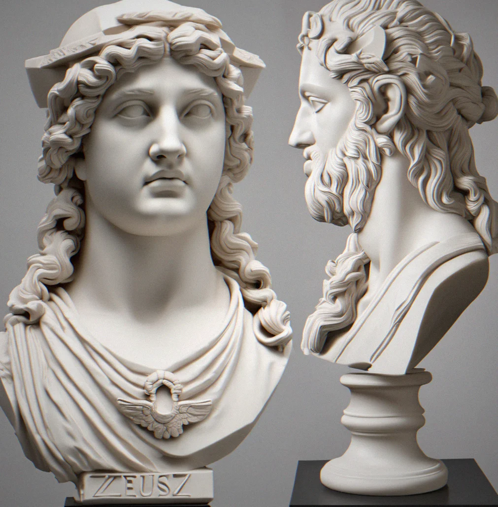 Silicone mold separated into two halves showing intricate interior surface detail of classical deity sculpture